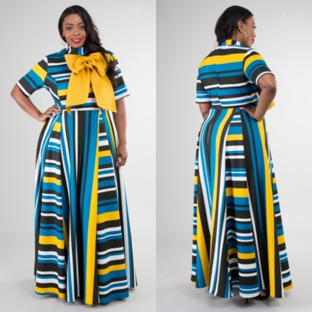 Elegant multi striped maxi dress with ribbon point